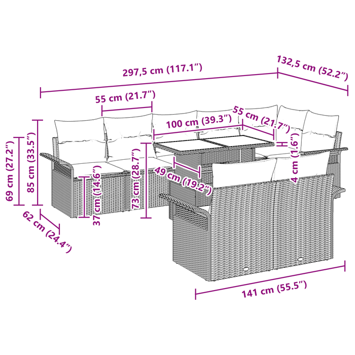 Set Divano Giardino  9 Pezzi con Cuscini Rattan Poliestere Marrone