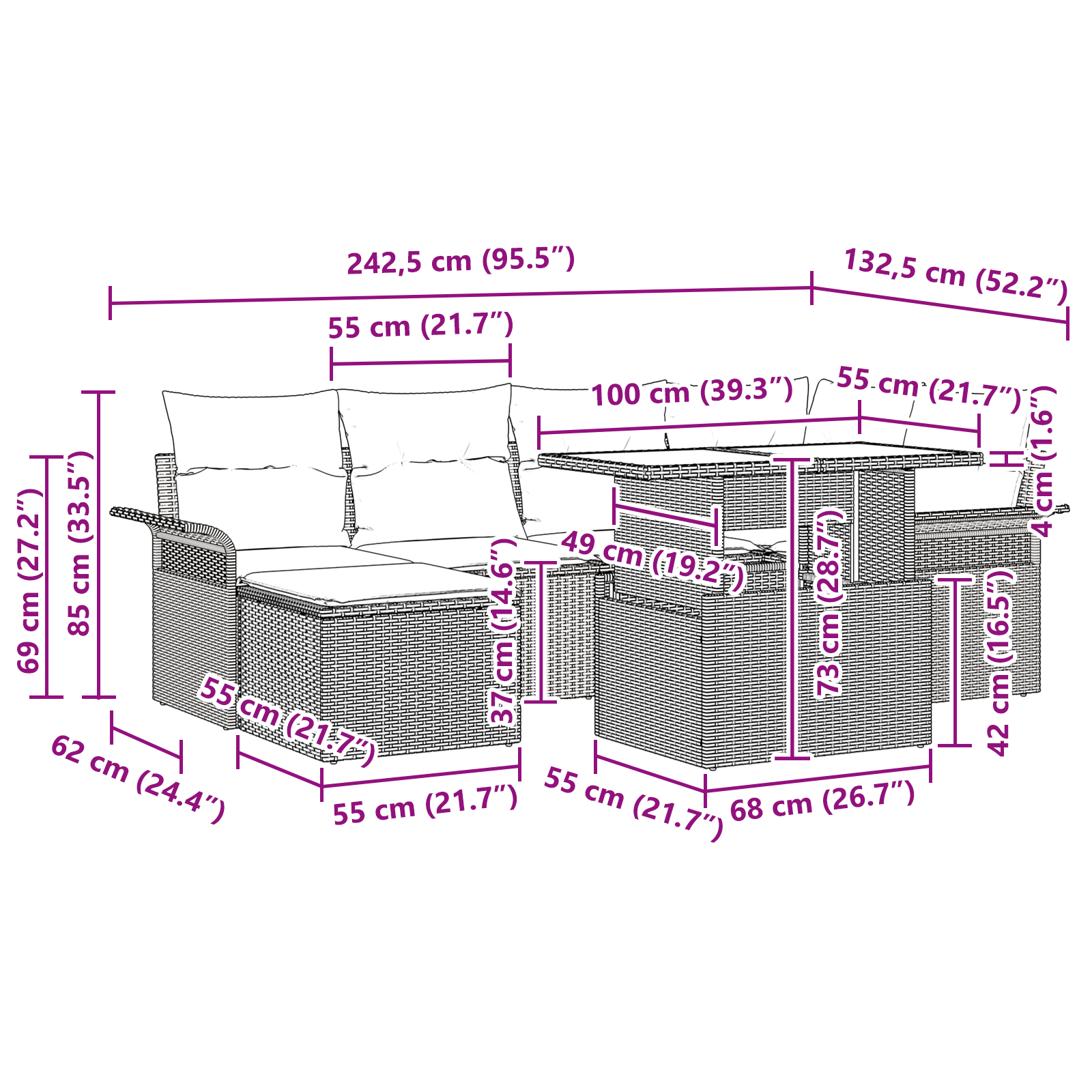Set di Divani da Giardino a 7 Pezzi con Cuscini Grigio Polyrattan
