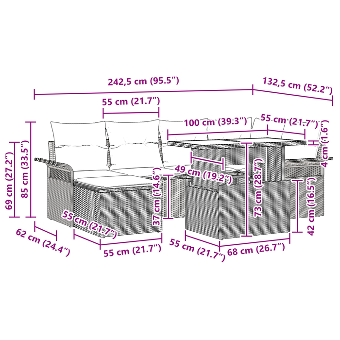 Set divano da giardino 7 pezzi con cuscini rattan beige in polipropilene