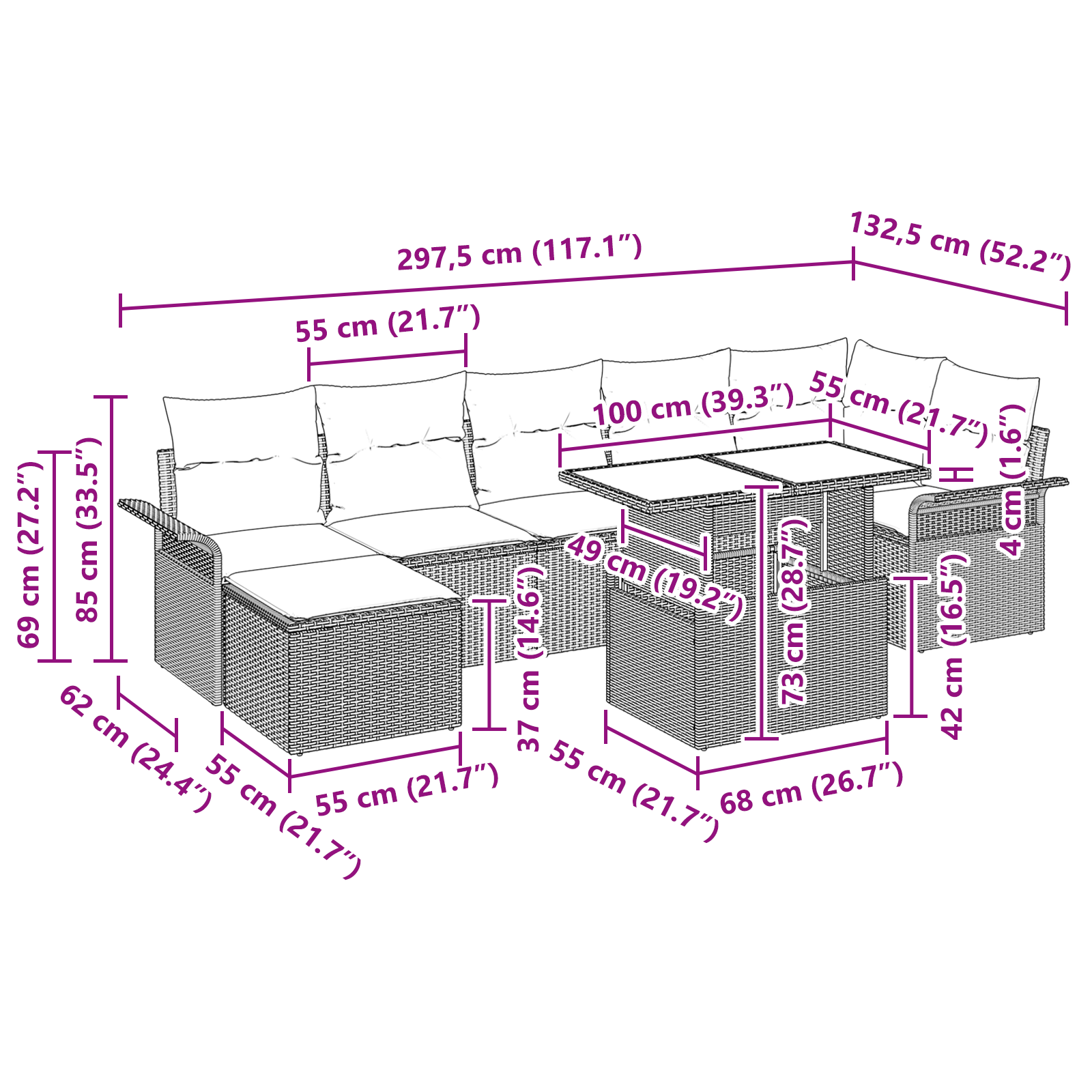 Set divano da giardino  8 pezzi con cuscini grigio chiaro polyrattan