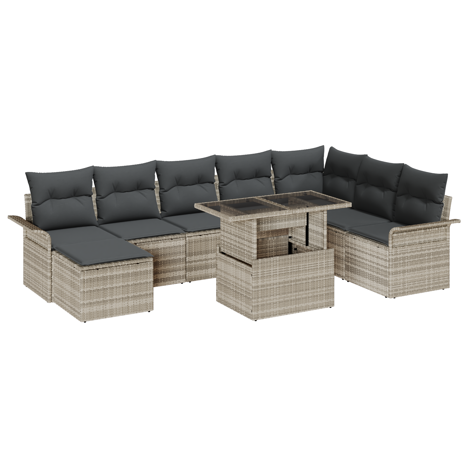 Set di divani da giardino  9 pezzi con cuscini grigio chiaro in polyrattan