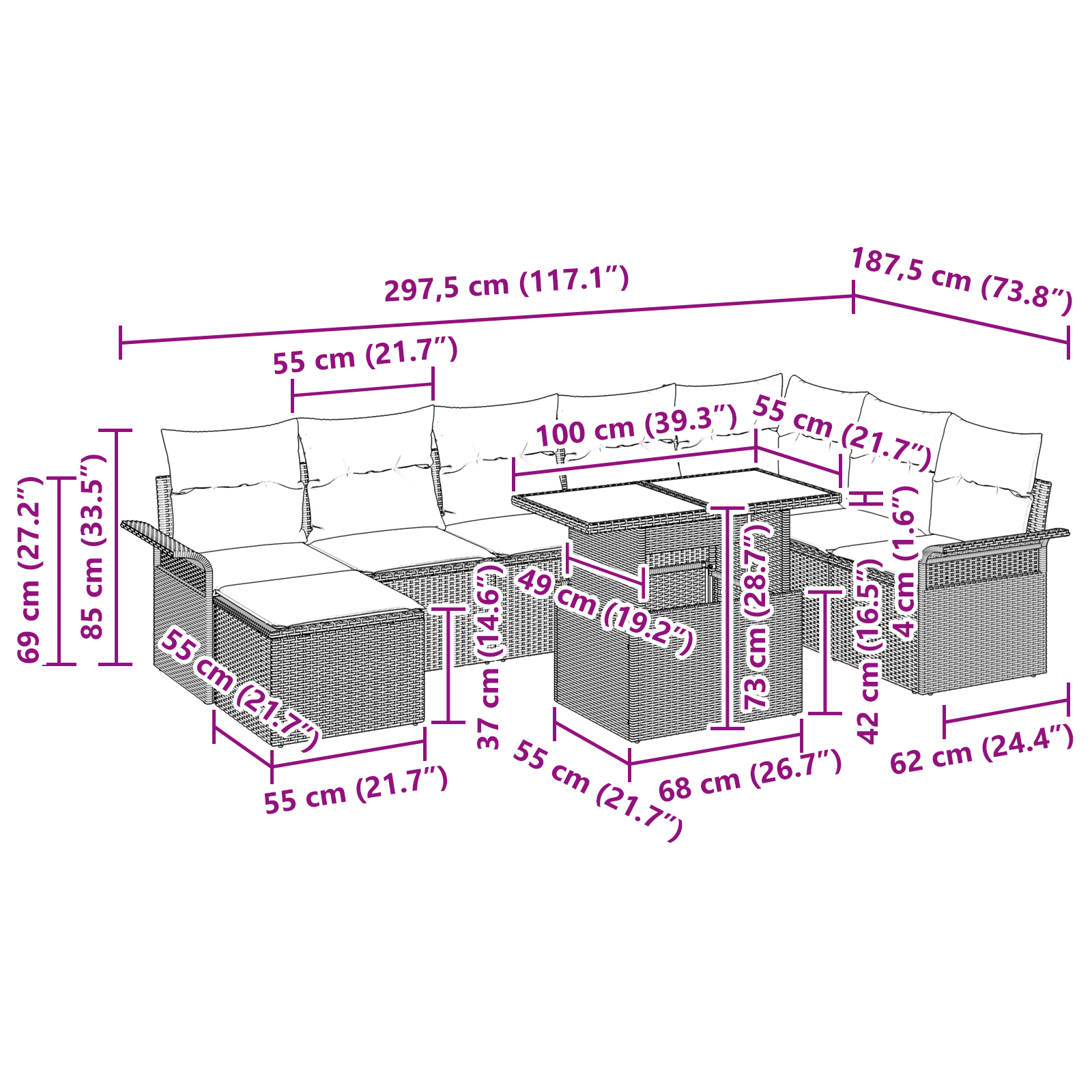 Set di divani da giardino  9 pezzi con cuscini grigio chiaro in polyrattan