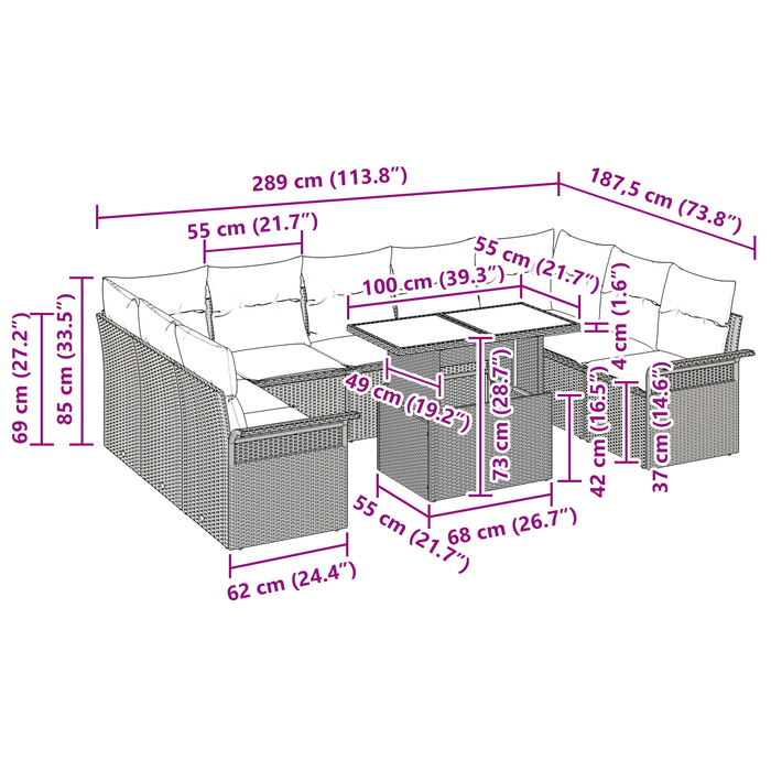 Set di divani da giardino da 10 pezzi con cuscini in polyrattan beige