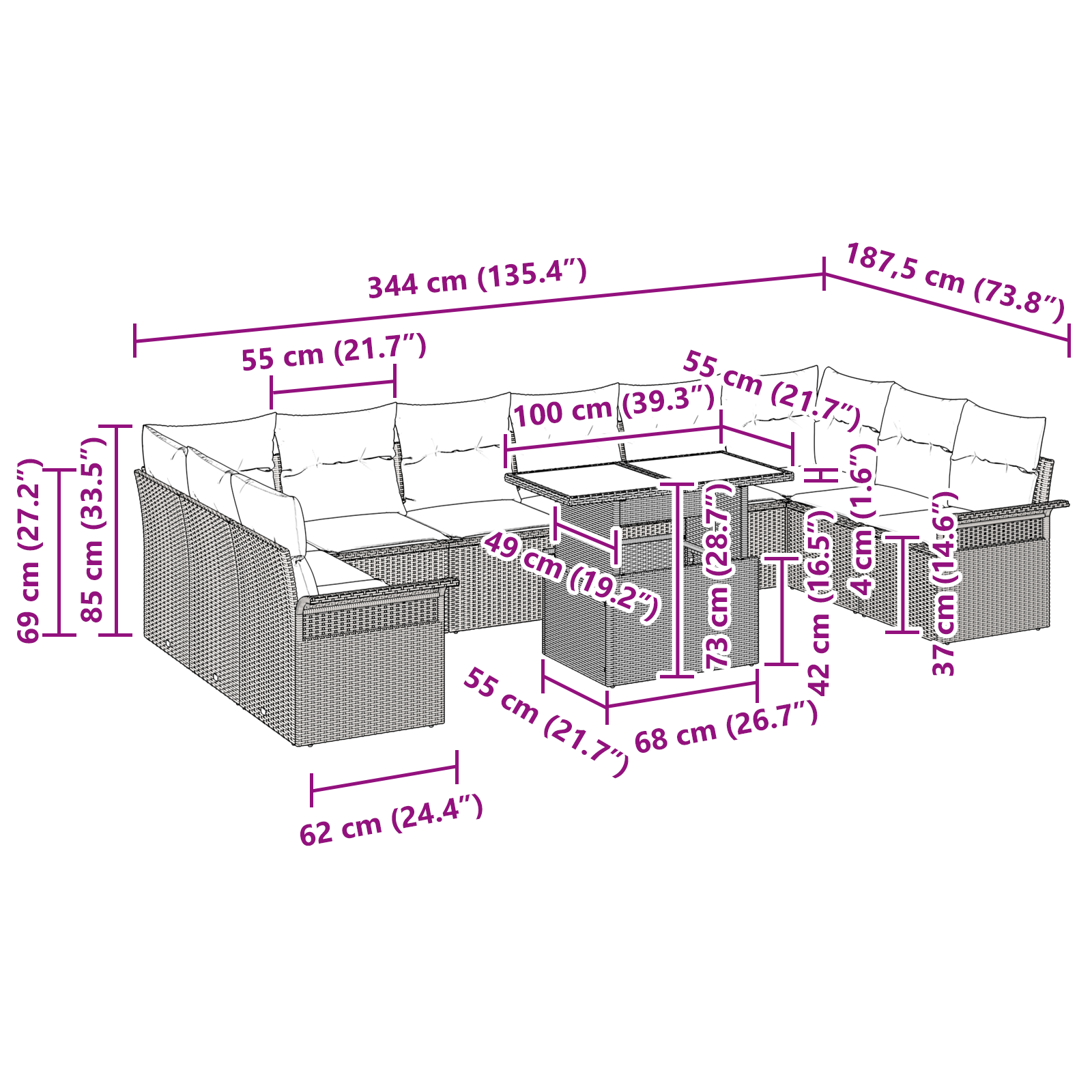Set Divano da Giardino in 11 Pezzi con Cuscini Grigio Polyrattan