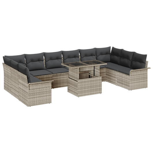 Set di Divano da Giardino 11 Pezzi con Cuscini Grigio Chiaro Polyrattan