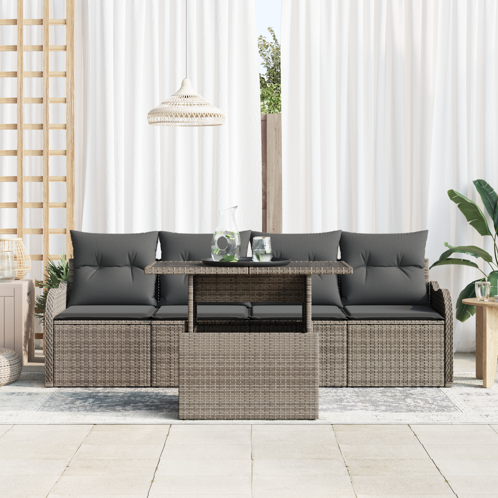 Set Divano da Giardino  5 Pezzi con Cuscini Grigio Rattan Polimerico