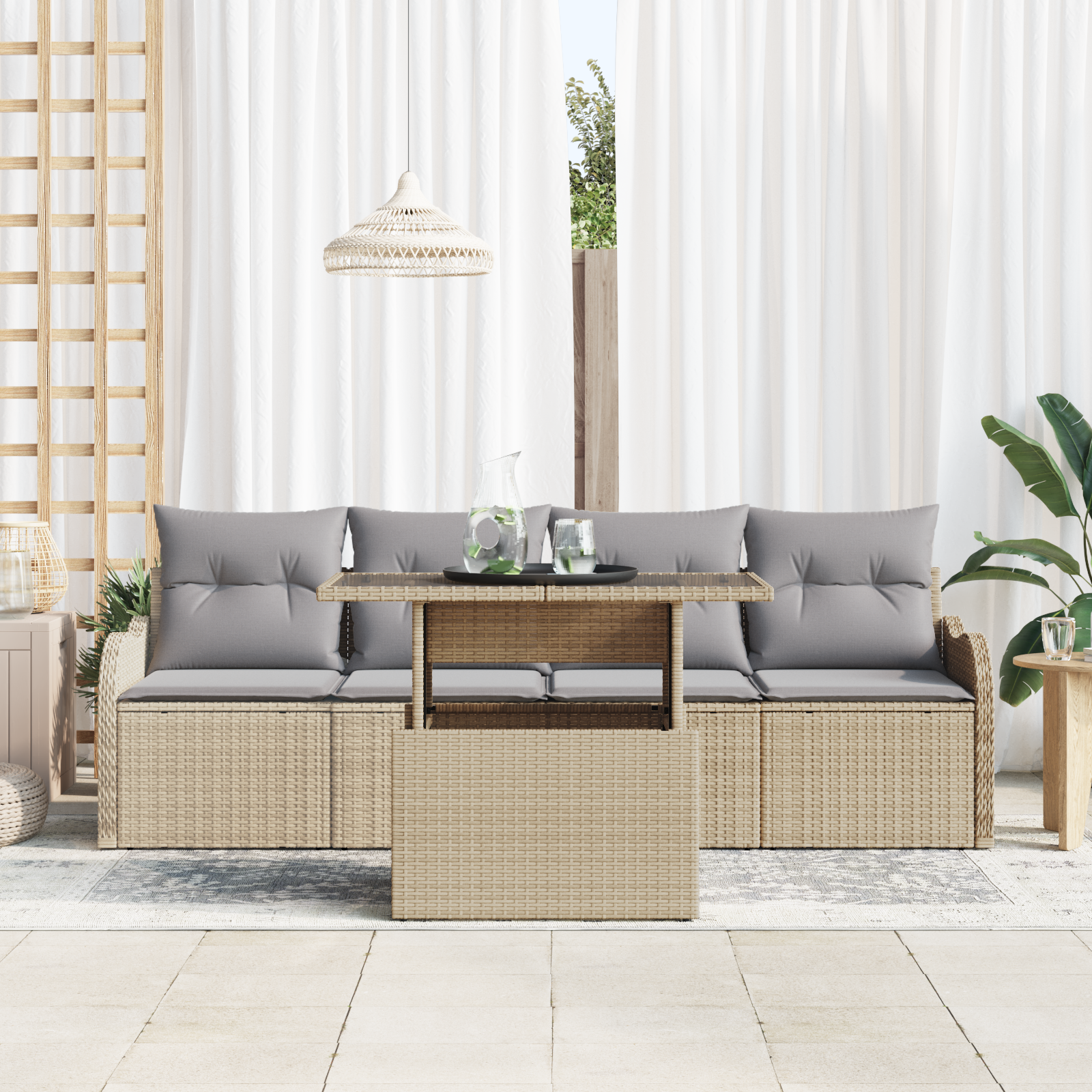 Set Divano Giardino 5 Pezzi con Cuscini Beige in Rattan Poliestere