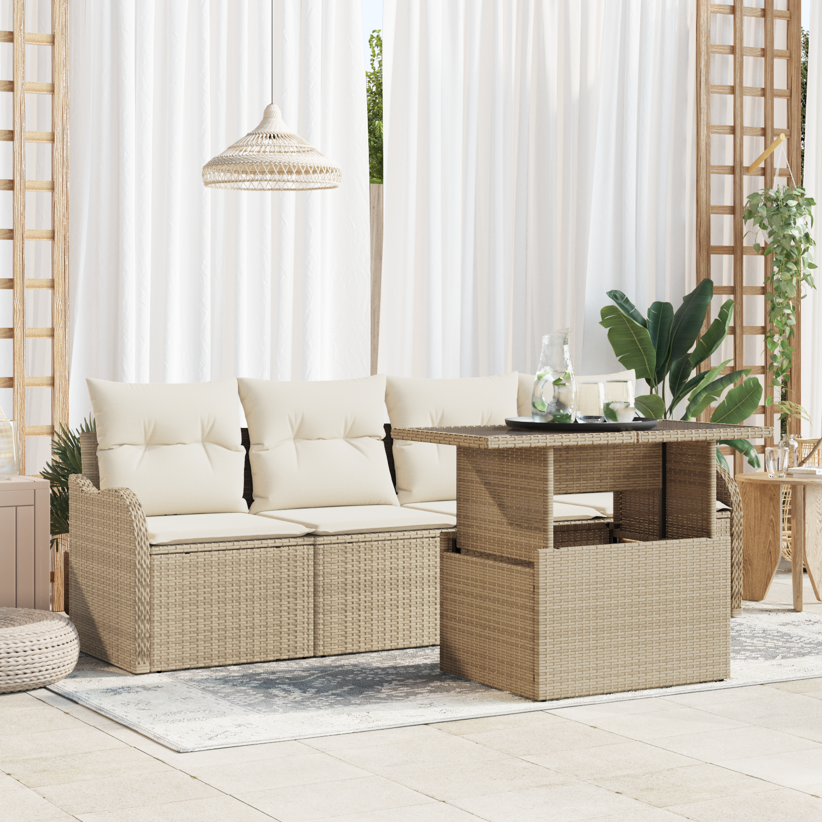 Set Divano 5 Pezzi da Giardino con Cuscini Beige Polyrattan