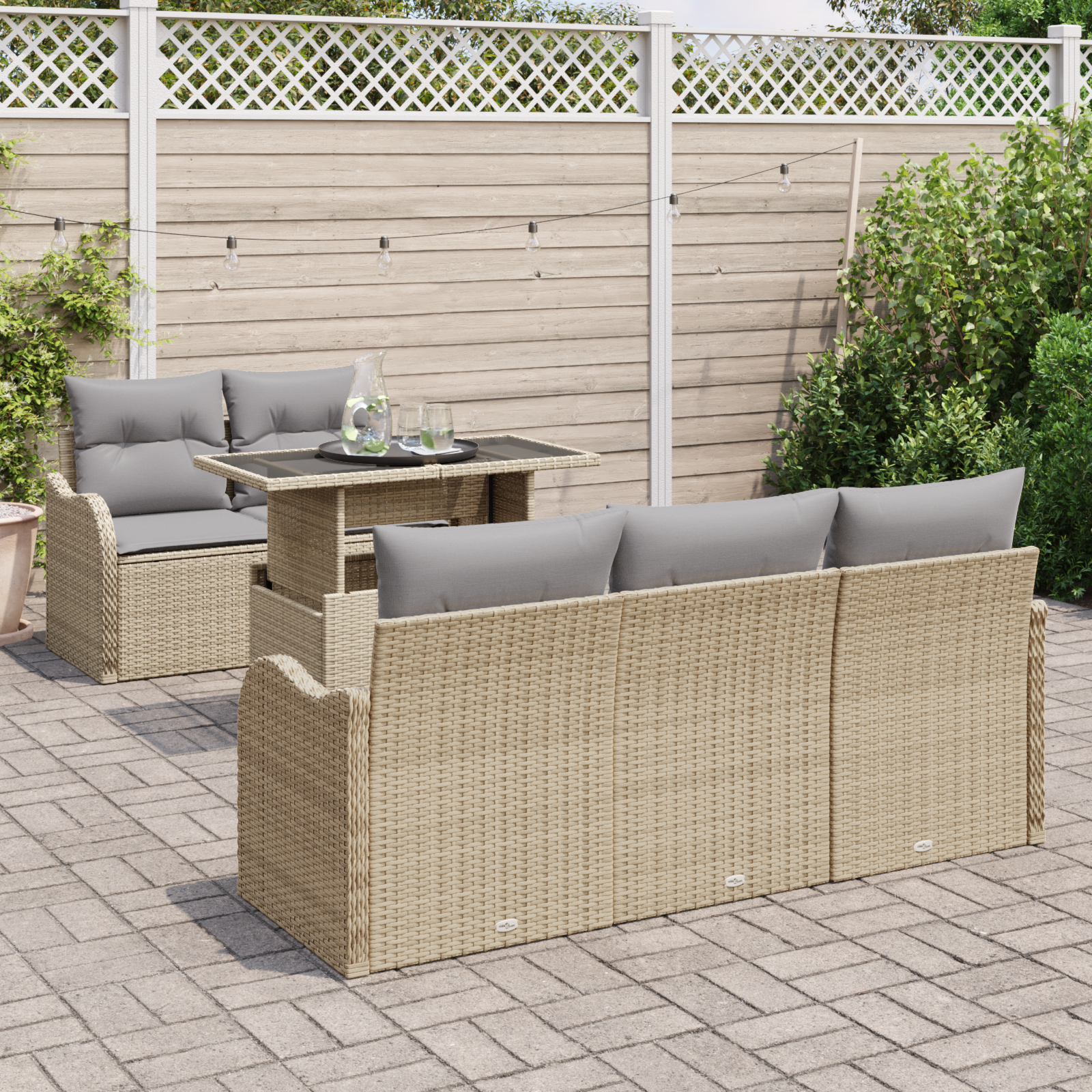 Set Divano da Giardino di 6 Pezzi con Cuscini Beige Rattan Polietilene