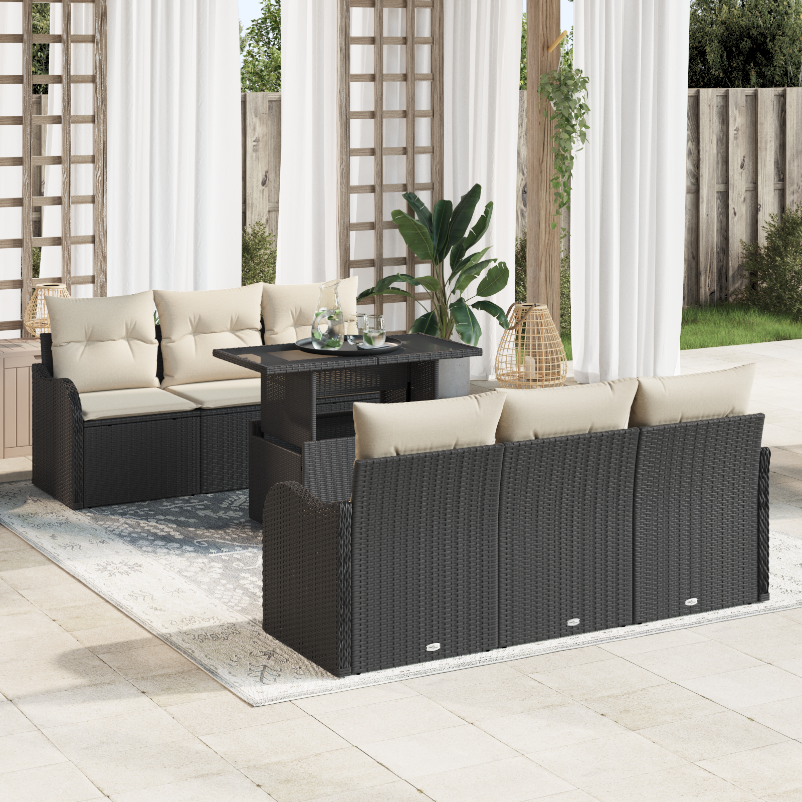 Set di divani da giardino  7 Pezzi con Cuscini Nero Rattan Polietilene