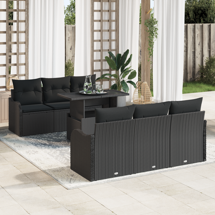 Set Divano da Giardino 7 Pezzi con Cuscini Rattan Nero Poliratano