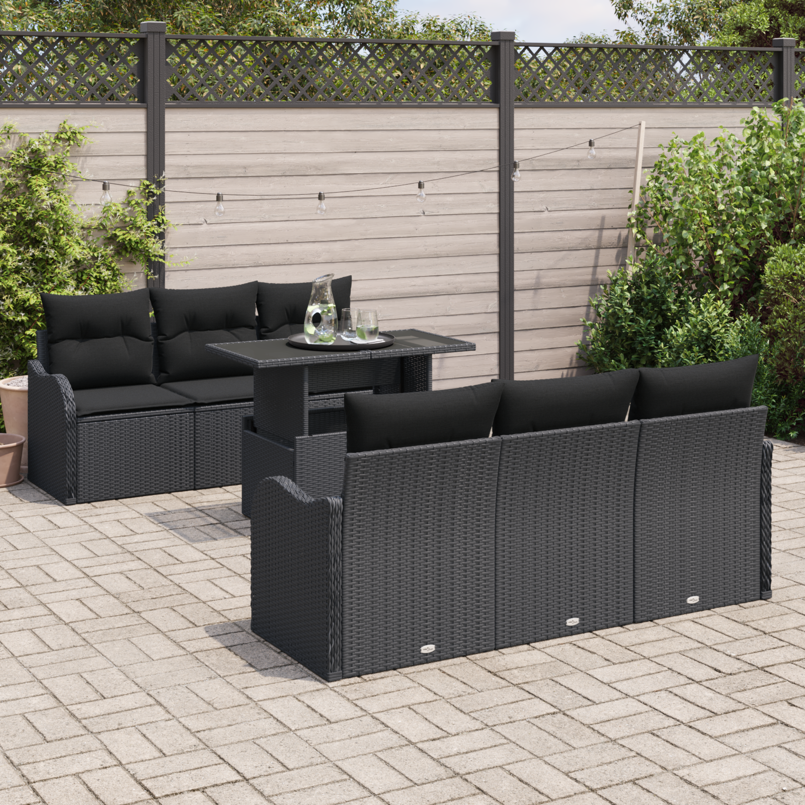 Set Divano da Giardino 7 Pezzi con Cuscini Rattan Nero Poliratano