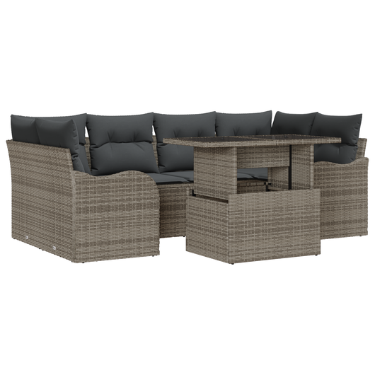 Set da Giardino  di 7 Pezzi con Cuscini Grigio Polyrattan