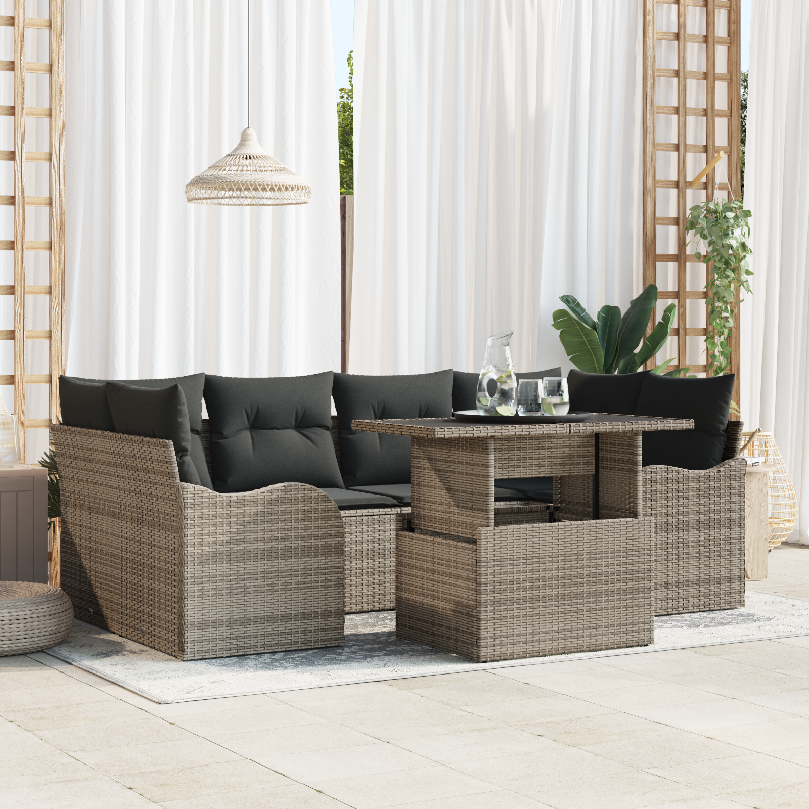 Set da Giardino  di 7 Pezzi con Cuscini Grigio Polyrattan