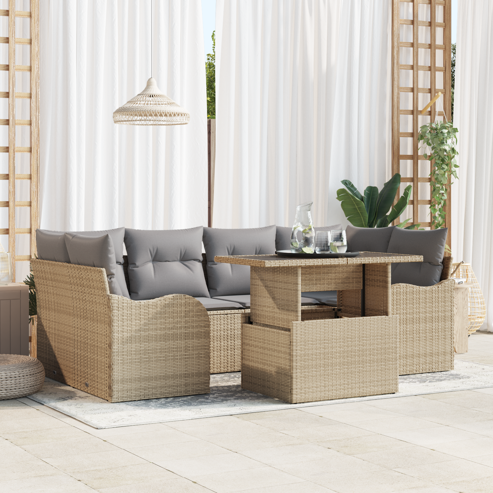 Set Divano Giardino 7 Pezzi con Cuscini - Polyrattan Beige