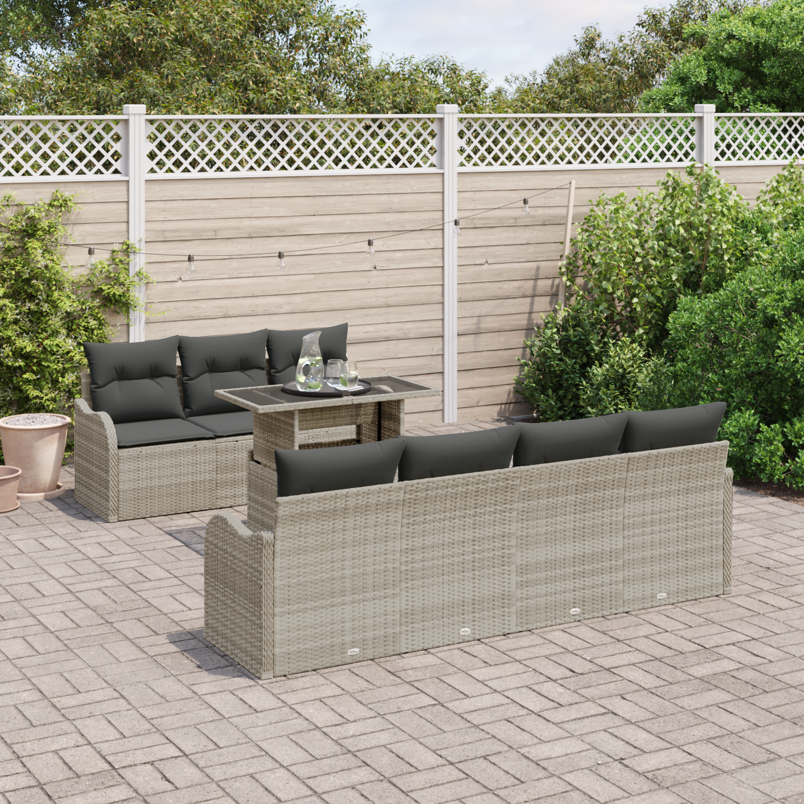 Set di divani da giardino 8 pezzi con cuscini grigio chiaro in rattan polietilene