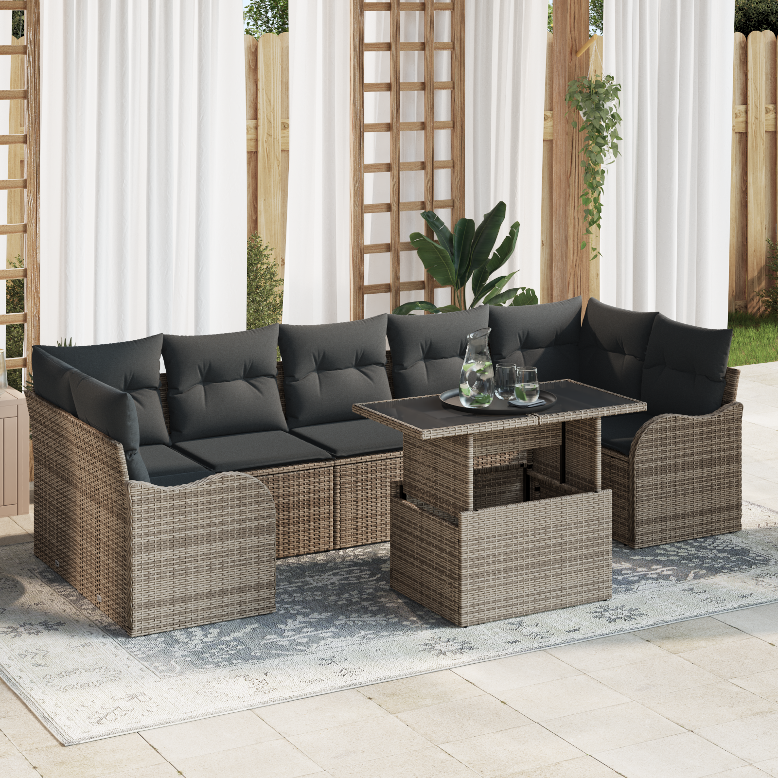 Set Divano da Giardino da 8 Pezzi con Cuscini Grigio Polyrattan