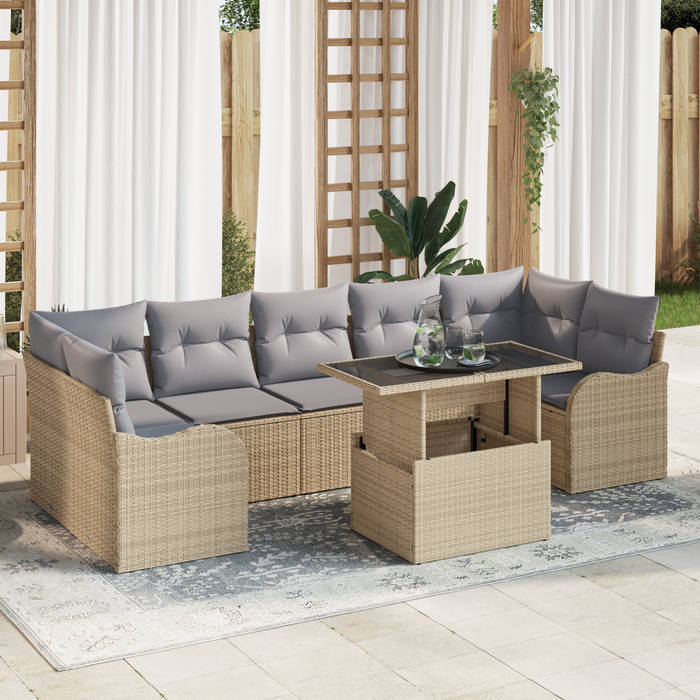 Set Divano da Giardino 8 Pezzi con Cuscini Beige Polyrattan