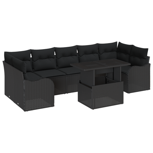 Set di divani da giardino 8 pezzi con cuscini Nero Polyrattan