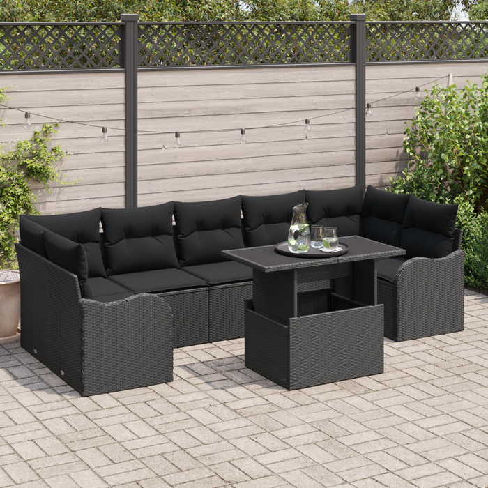 Set di divani da giardino 8 pezzi con cuscini Nero Polyrattan