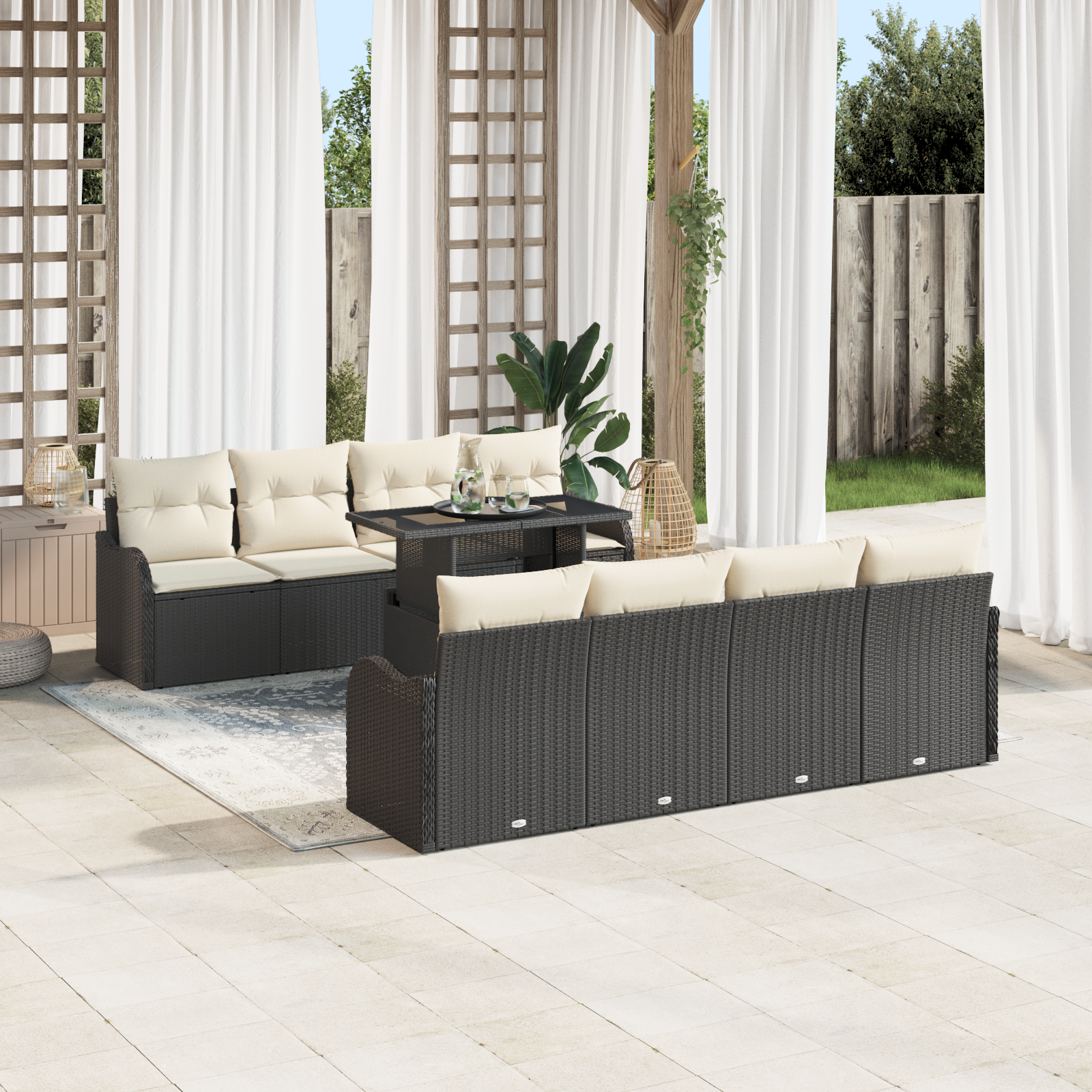 Set divano giardino 10 pezzi con cuscini in polyrattan nero