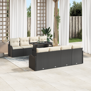 Set divano giardino 10 pezzi con cuscini in polyrattan nero