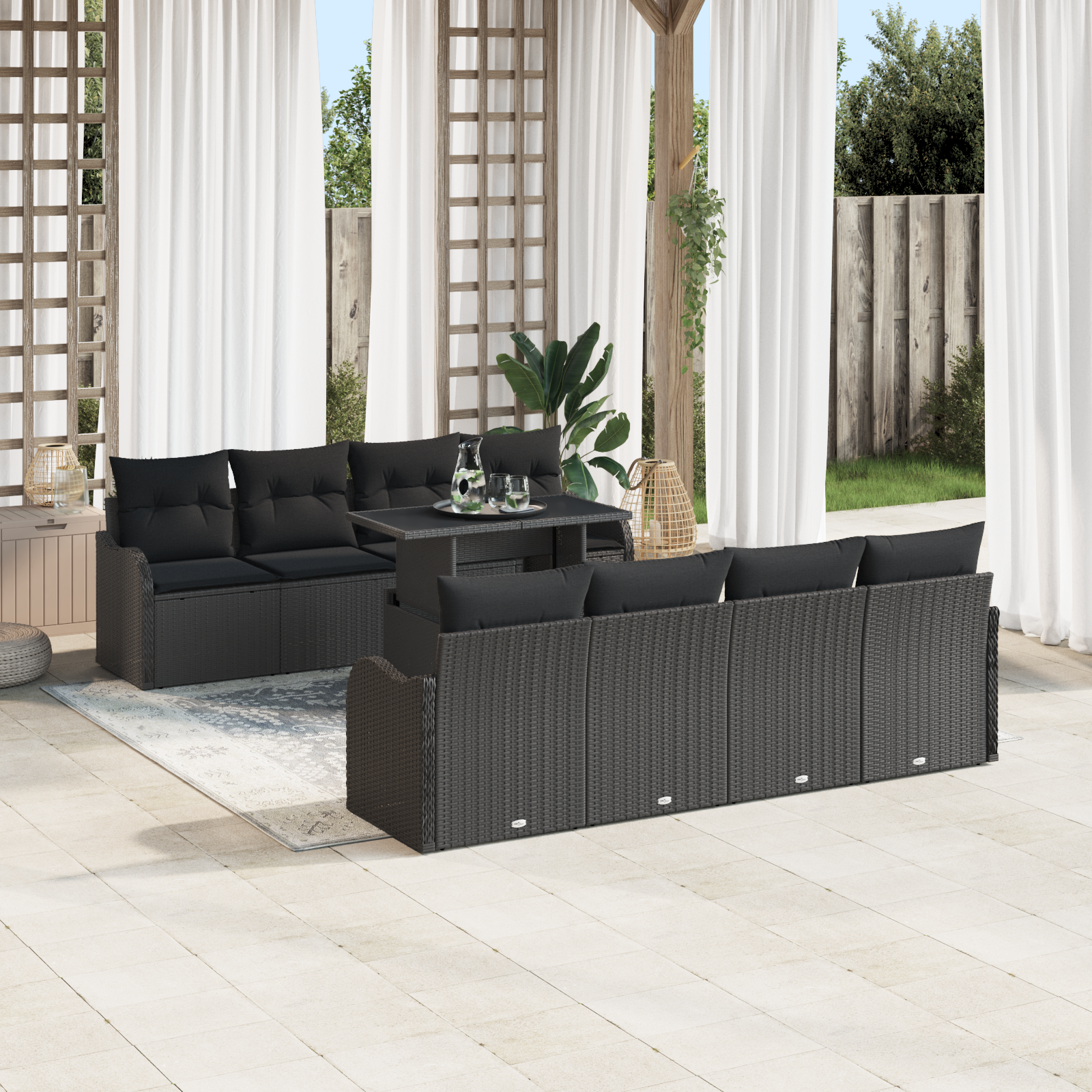 Set Divano da Giardino  da 10 Pezzi con Cuscini in Rattan Nero