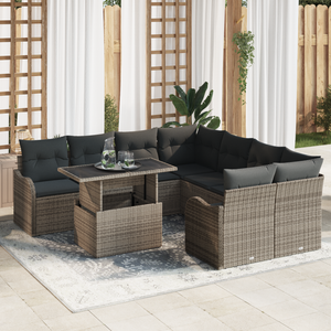 Set di Divani da Giardino  9 Pezzi con Cuscini in Polyrattan Grigio