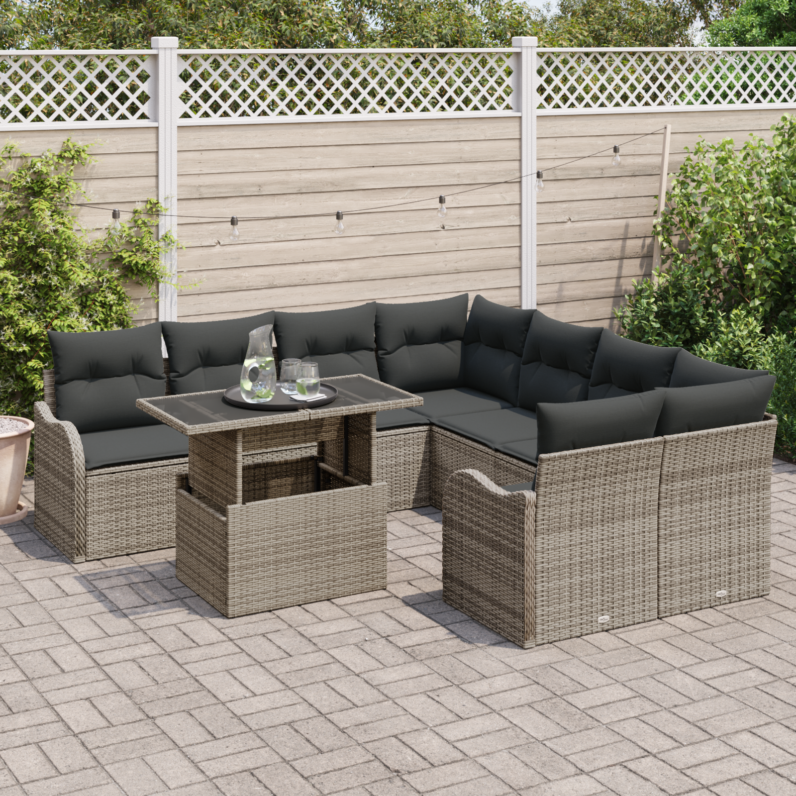 Set di Divani da Giardino  9 Pezzi con Cuscini in Polyrattan Grigio