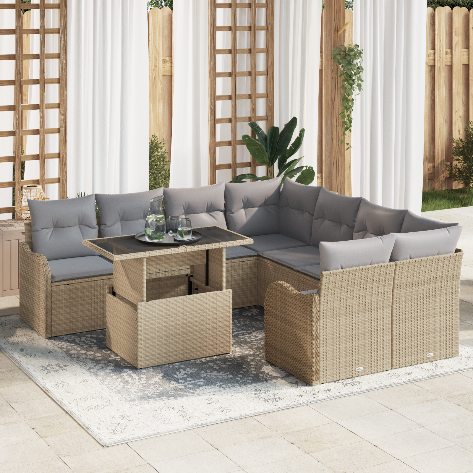 Set di divani da giardino  9 pezzi con cuscini Beige Rattan sintetico