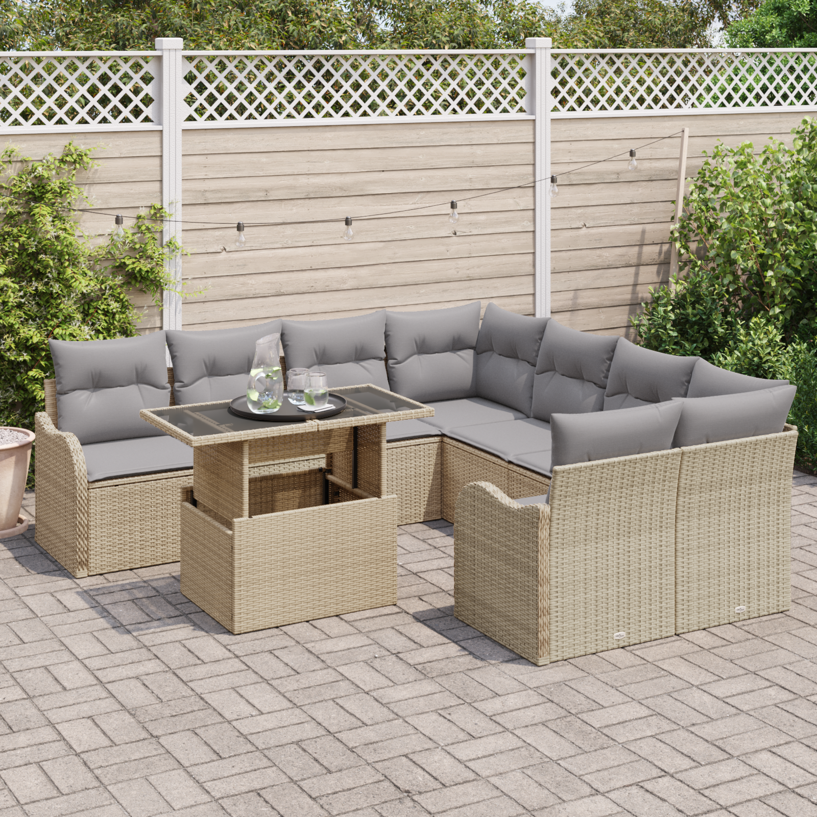 Set di divani da giardino  9 pezzi con cuscini Beige Rattan sintetico