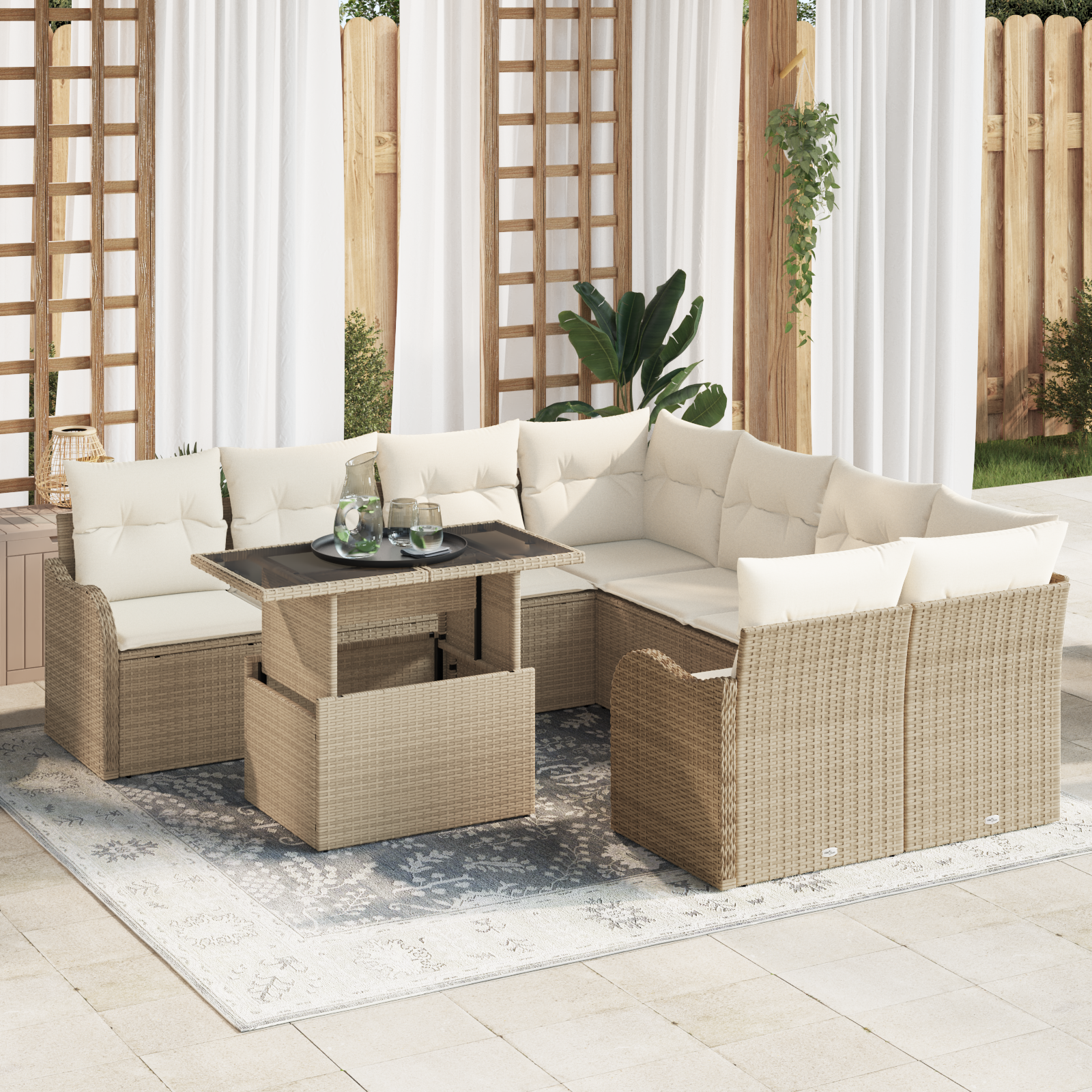 Set di Divani da Giardino  9 Pezzi con Cuscini Beige Rattan Poliestere