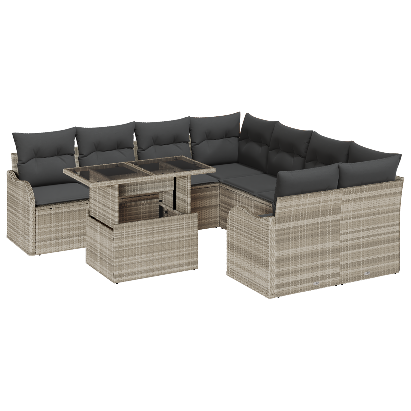 Set di divani da giardino  9 pezzi con cuscini in poly rattan grigio chiaro