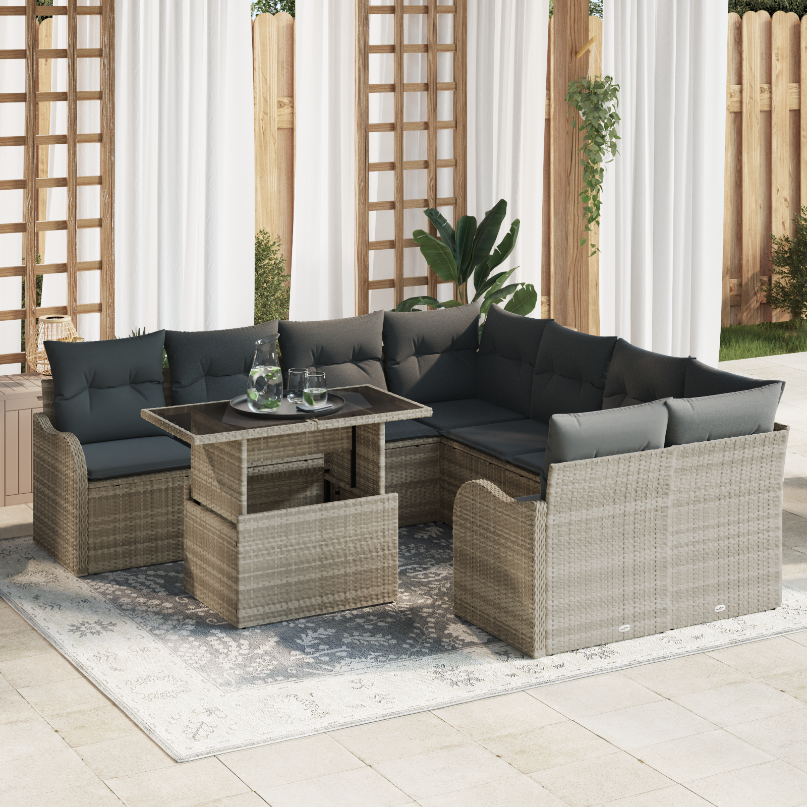 Set di divani da giardino  9 pezzi con cuscini in poly rattan grigio chiaro
