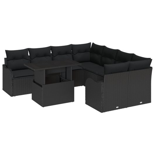 Set Divano da Giardino  9 Pezzi con Cuscini Rattan Polyrattan Nero