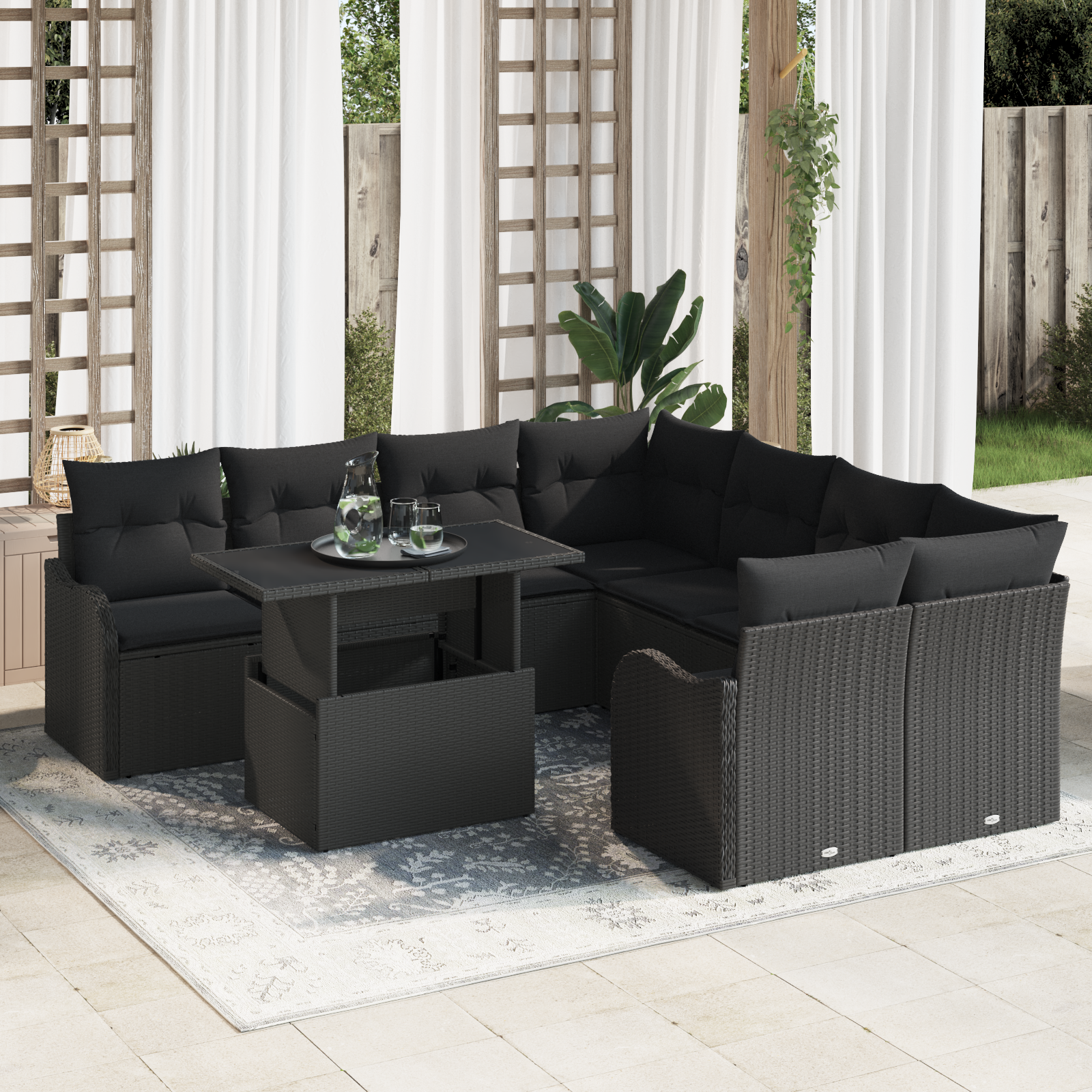 Set Divano da Giardino  9 Pezzi con Cuscini Rattan Polyrattan Nero