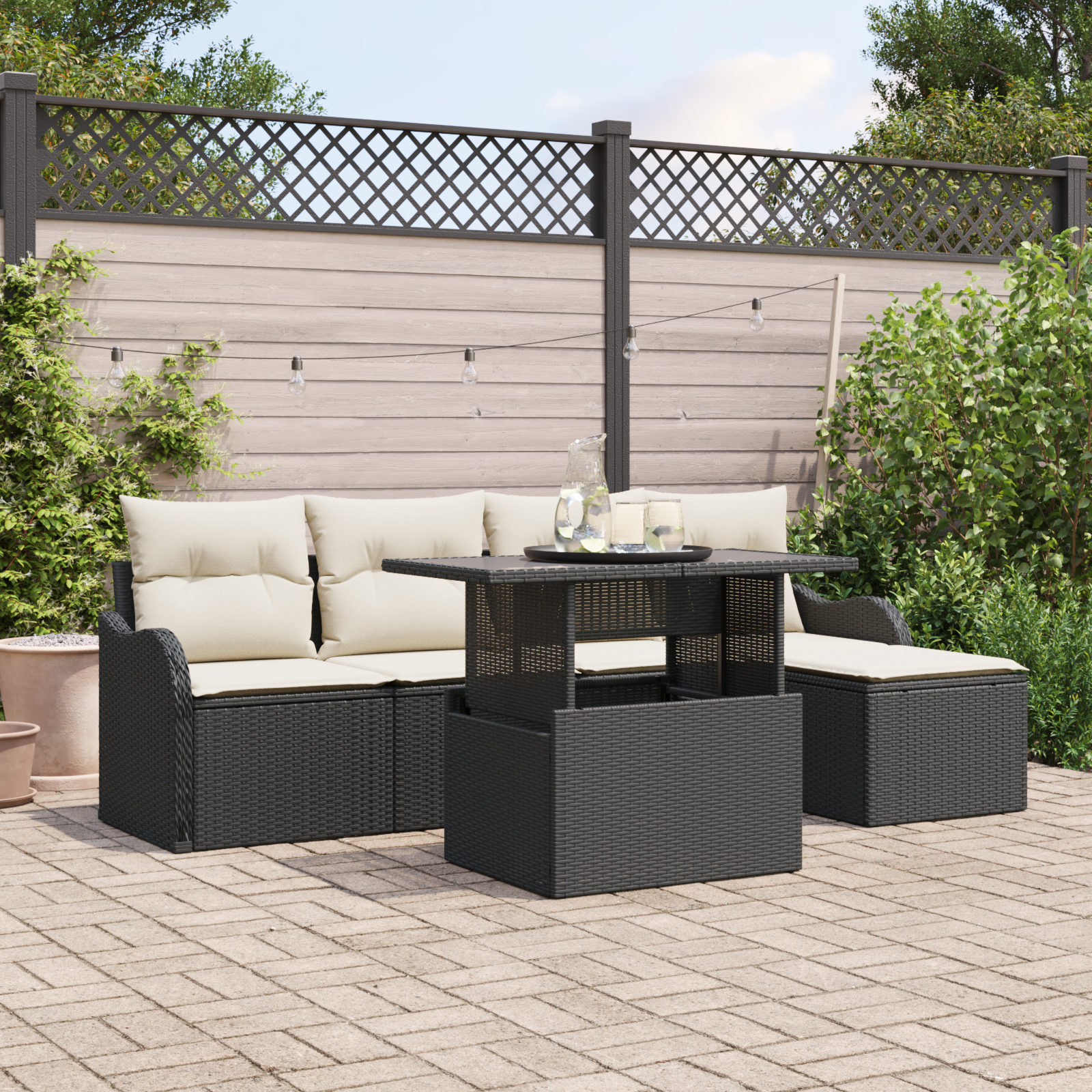 Set di divani da giardino 6 pezzi con cuscini in rattan nero polyrattan