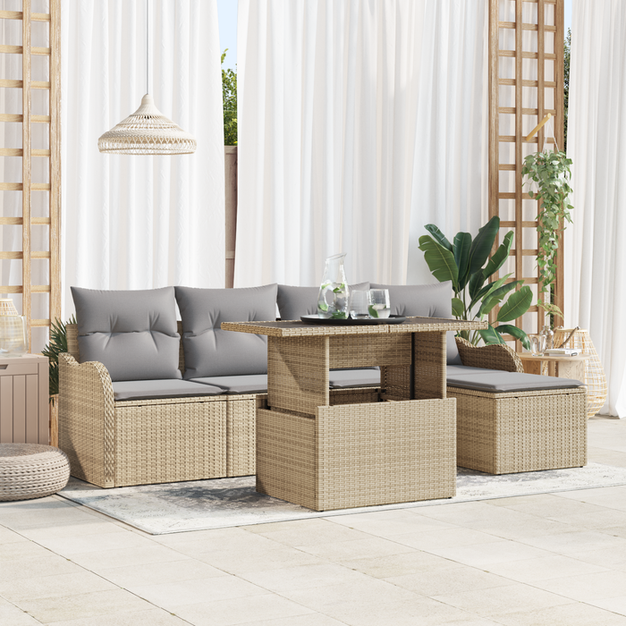 Set Divano da Giardino 6 Pezzi con Cuscini Beige Polyrattan