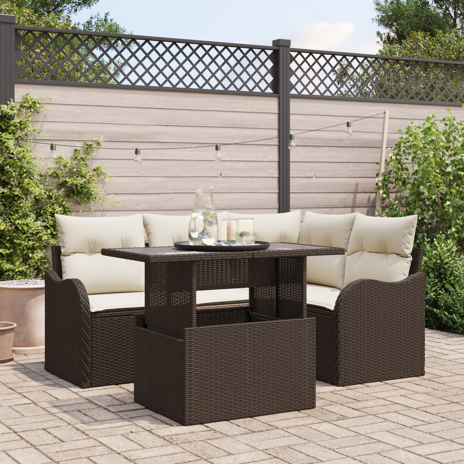 Set di Divani da Giardino a 5 Pezzi con Cuscini Marrone Polyrattan