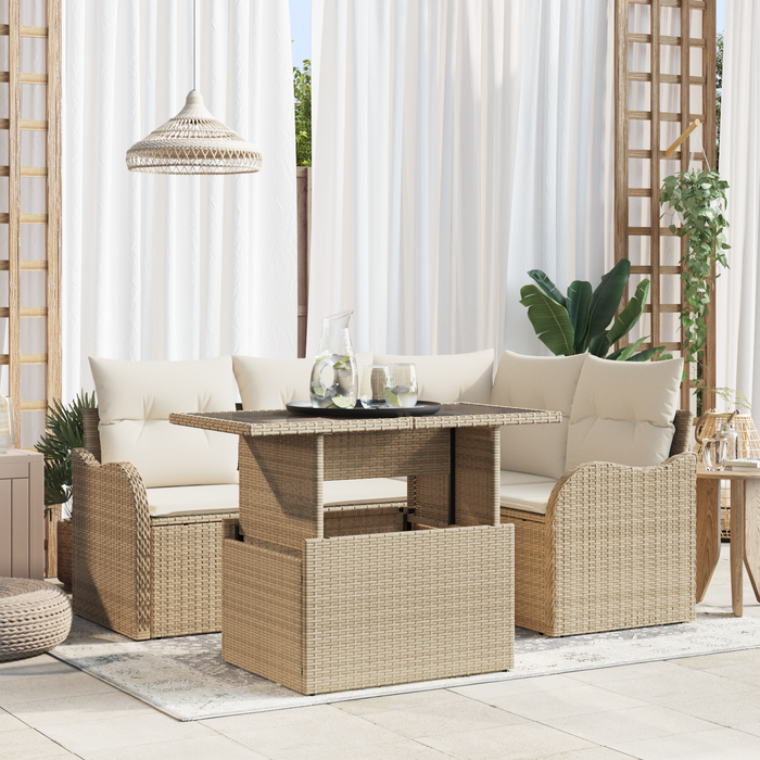 Set Divano Giardino a 5 Pezzi con Cuscini Beige in Polyrattan