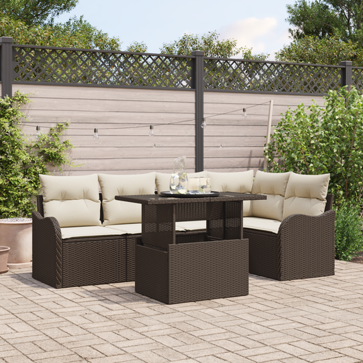 Set Divano da Giardino 6 Pezzi con Cuscini Marrone Polyrattan
