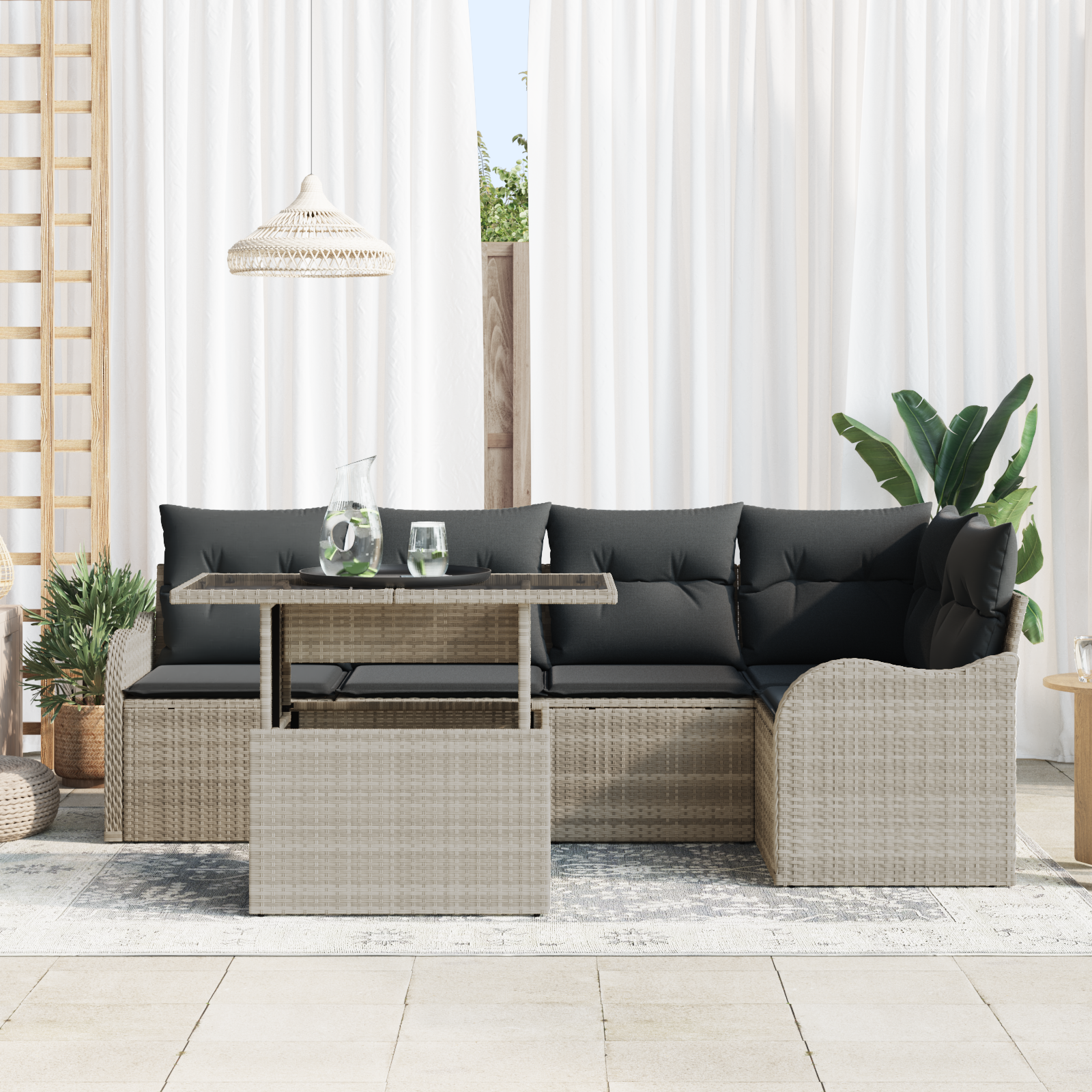 Set divano giardino 6 pezzi con cuscini in rattan grigio chiaro