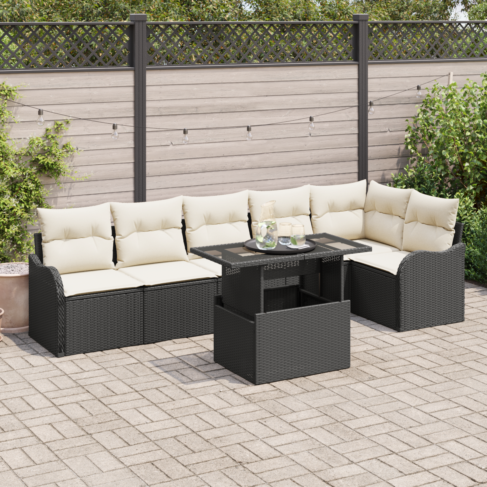 Set di divani da giardino  7 pezzi con cuscini in polirattan nero