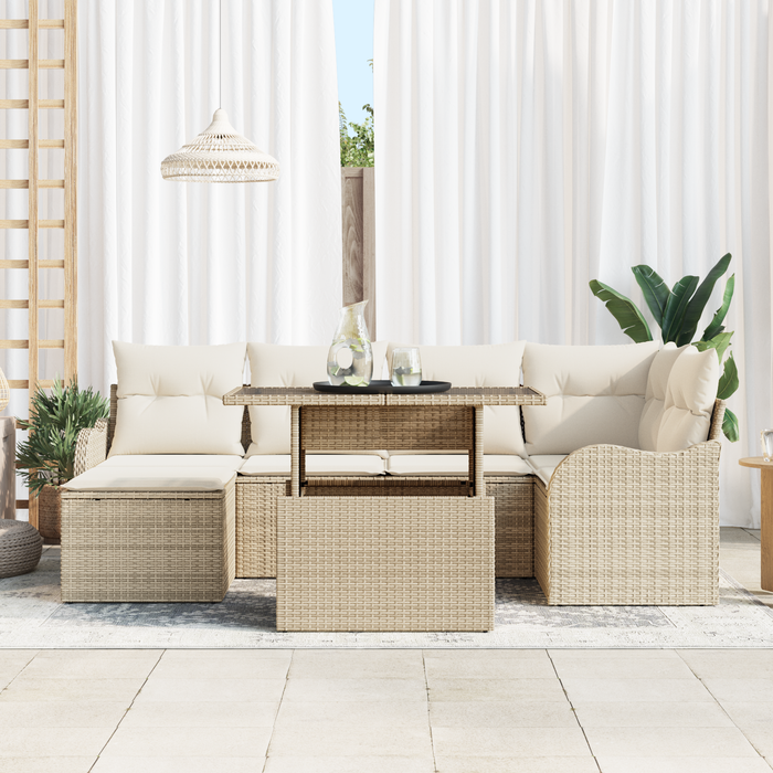 Set di Divani da Giardino  in 7 Pezzi con Cuscini in Polyrattan Beige