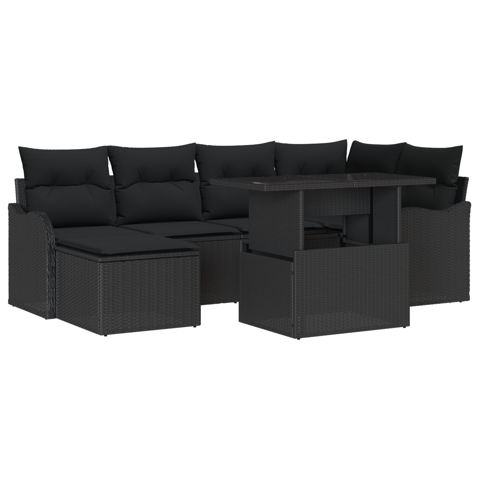 Set Divano da Giardino  7 Pezzi con Cuscini Nero Polyrattan