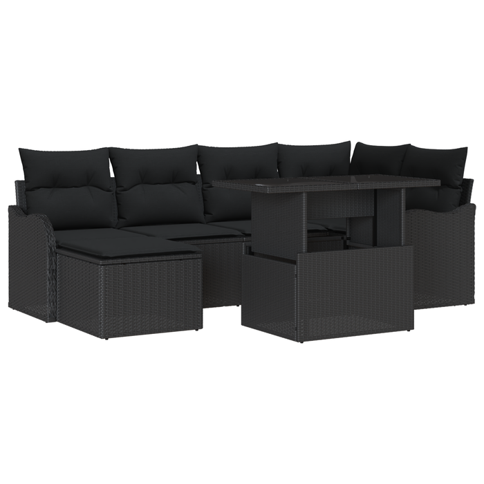 Set Divano da Giardino  7 Pezzi con Cuscini Nero Polyrattan