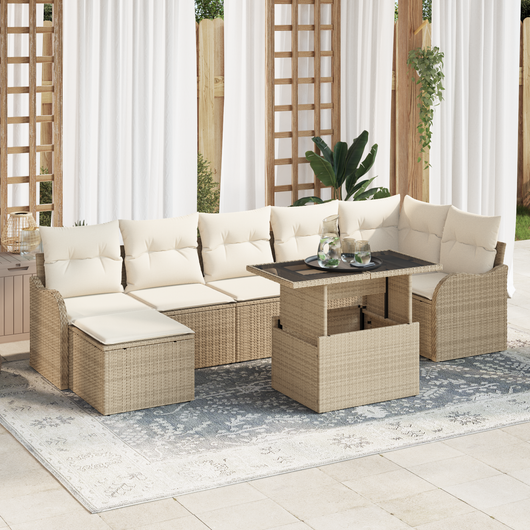 Set di divani da giardino 8 pezzi con cuscini beige in poly rattan
