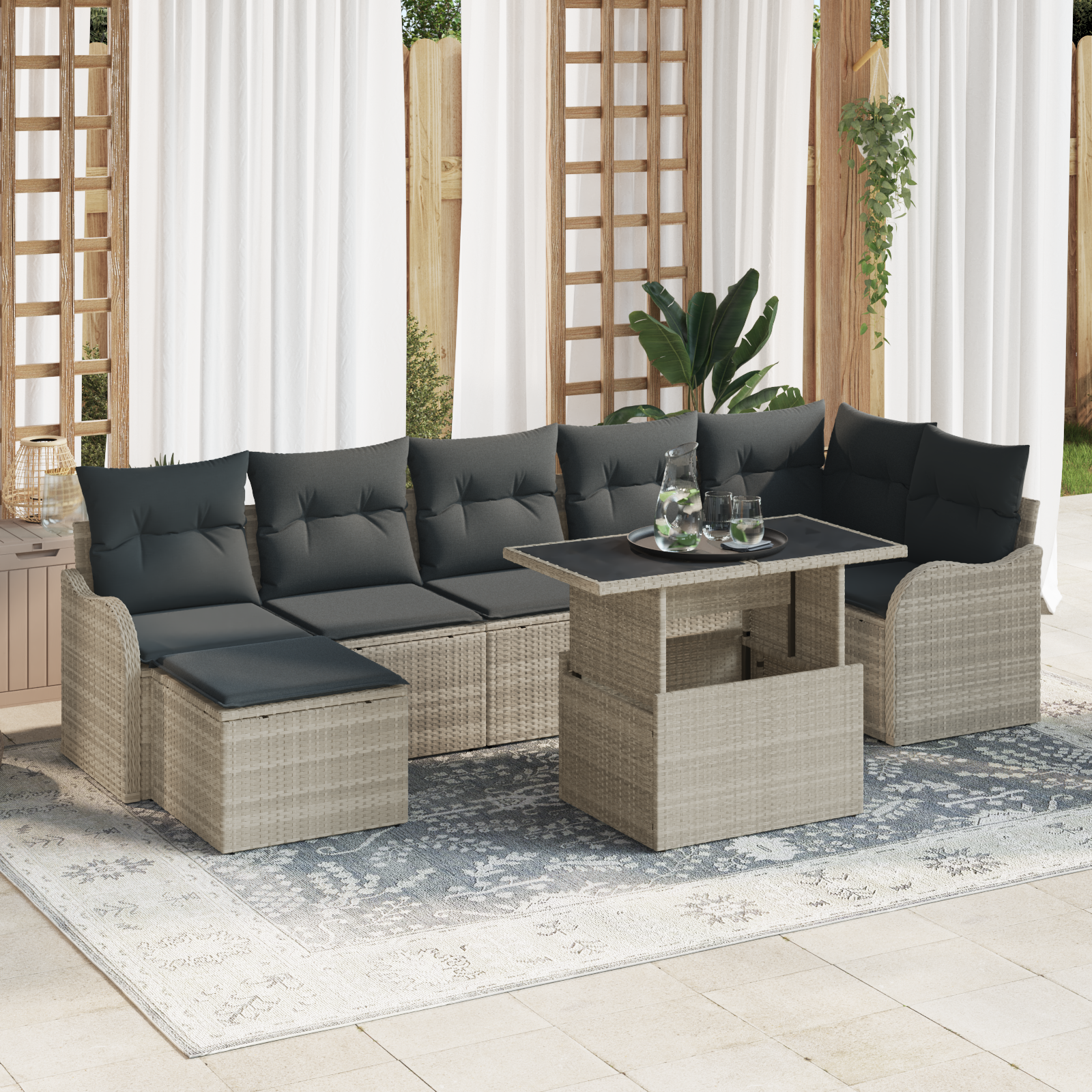 Set Divani da Giardino  8 Pezzi con Cuscini Grigio Chiaro in Polyrattan