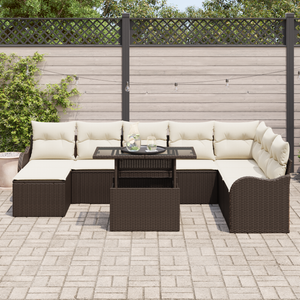 Set Divano da Giardino 9 Pezzi con Cuscini Marroni Rattan Polietilene