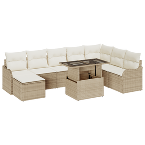 Set Divano da Giardino 9 Pezzi con Cuscini Beige Rattan Polimerico